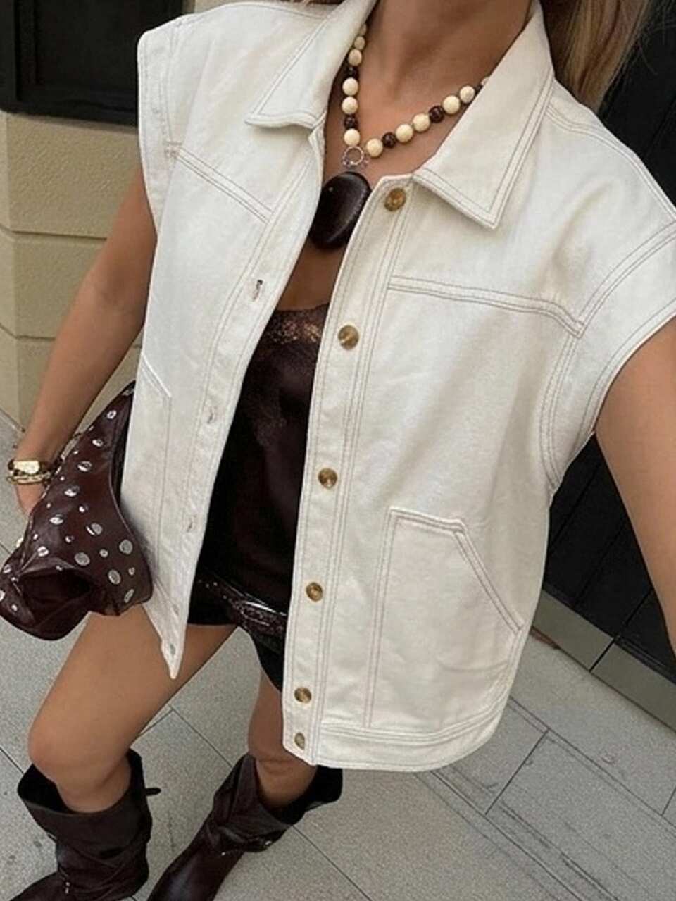 Off-White Lapel Sleeveless Single-Breasted Metal Button Loose Casual Versatile Denim Vest