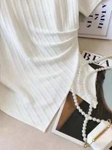 GlowEve 女士休闲纯色褶裥不对称下摆短袖T恤，夏季 - 白色 - 查看 4