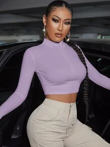 SHEIN SXY 小高領半拉鏈短款T恤 - 紫色 - 查看 6