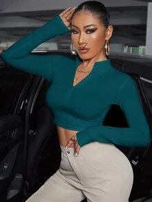 SHEIN SXY 純色立領拉鍊長袖t恤 - 水鴨藍 - 查看 3