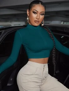 SHEIN SXY 純色立領拉鍊長袖t恤 - 水鴨藍 - 查看 7