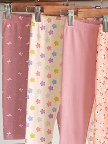 SHEIN 柔霧色調波希米亞花卉波點圖案女嬰可愛舒適休閒彈性內搭褲 4件組，適合秋冬日常穿著，易穿舒適，休閒穿搭，新季節款 - 彩色 - 查看 6