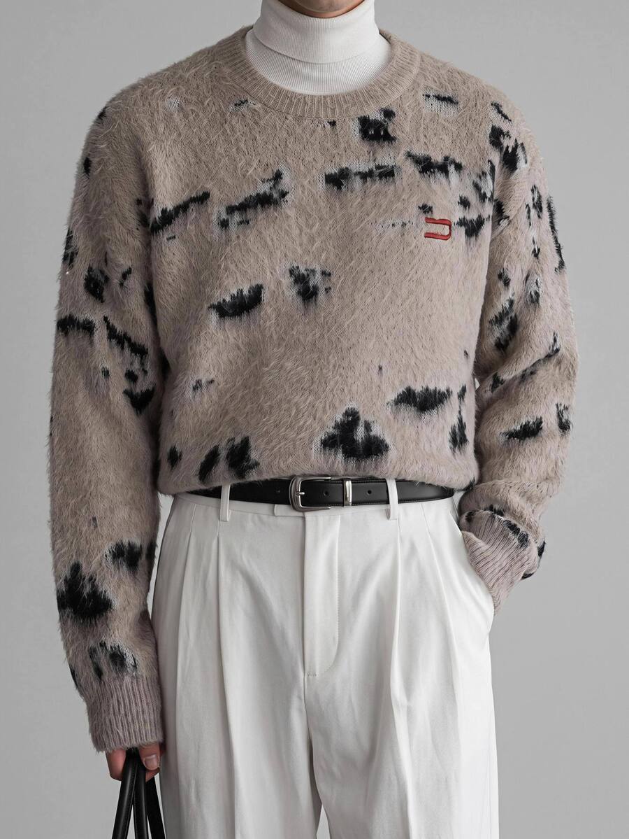 Mainfolk Men's Loose Fit Crew Neck Sweater, Suitable For Autumn/Winter, Spring, Graphic - Apricot - View 1