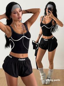 Coolane Women's Letter Print Casual Daily Travel Sports Shorts - Black - View 1