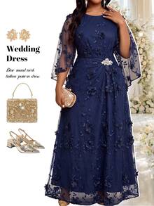 Fleurora Plus Size Women's Elegant Dress With 3D Floral Decor, Round Neck And Flared Sleeves Fall - Navy Blue - View 6
