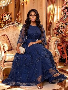 Fleurora Plus Size Women's Elegant Dress With 3D Floral Decor, Round Neck And Flared Sleeves Fall - Navy Blue - View 5