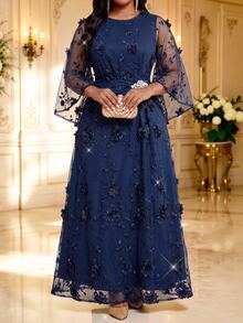 Fleurora Plus Size Women's Elegant Dress With 3D Floral Decor, Round Neck And Flared Sleeves Fall - Navy Blue - View 3