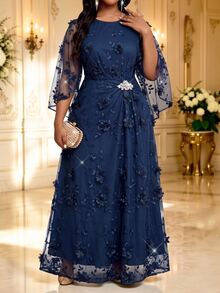 Fleurora Plus Size Women's Elegant Dress With 3D Floral Decor, Round Neck And Flared Sleeves Fall - Navy Blue - View 4