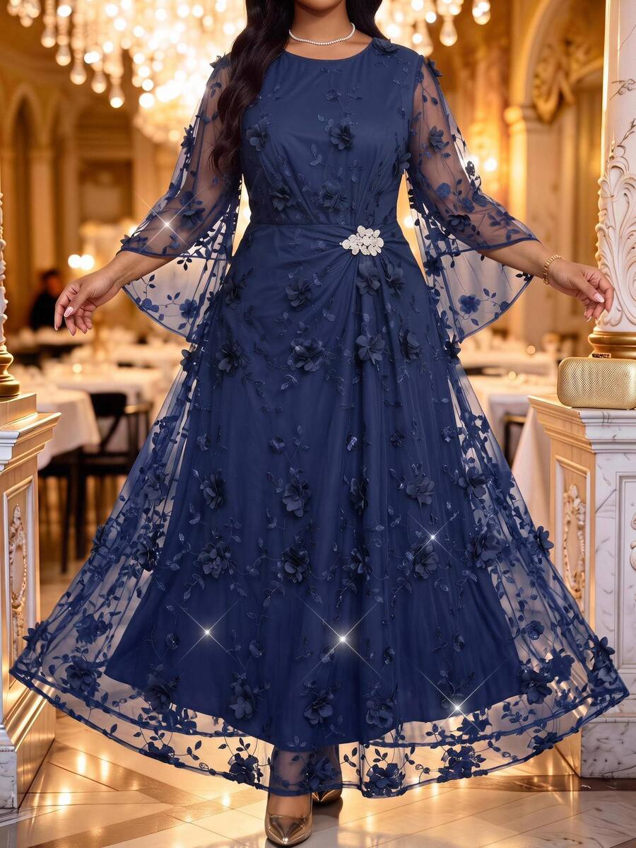 Fleurora Plus Size Women's Elegant Dress With 3D Floral Decor, Round Neck And Flared Sleeves Fall - Navy Blue - View 1