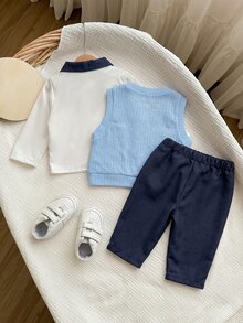 SHEIN 新生兒男嬰休閒可愛百搭學院風對比色翻領長袖鈕扣白色襯衫＋紋理可愛熊印花背心＋百搭直筒長褲 3件套，適合冬季 - 藍白色 - 查看 2
