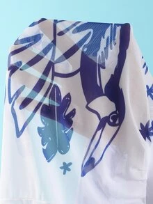 Swim Oasis 2026新款大尺碼藍白熱帶椰子樹大嘴鳥印花寬肩帶可調式收腰半遮臀設計搭配高腰網紗褲網紗收腹顯瘦休閒日常海灘度假女式連身泳衣套裝 - 藍白色 - 查看 6