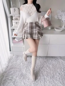 FRIFUL Women's Elegant Solid Color Lace Patchwork Off-Shoulder Sweater, Autumn/Winter - Apricot - View 6