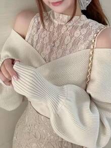 FRIFUL Women's Elegant Solid Color Lace Patchwork Off-Shoulder Sweater, Autumn/Winter - Apricot - View 1