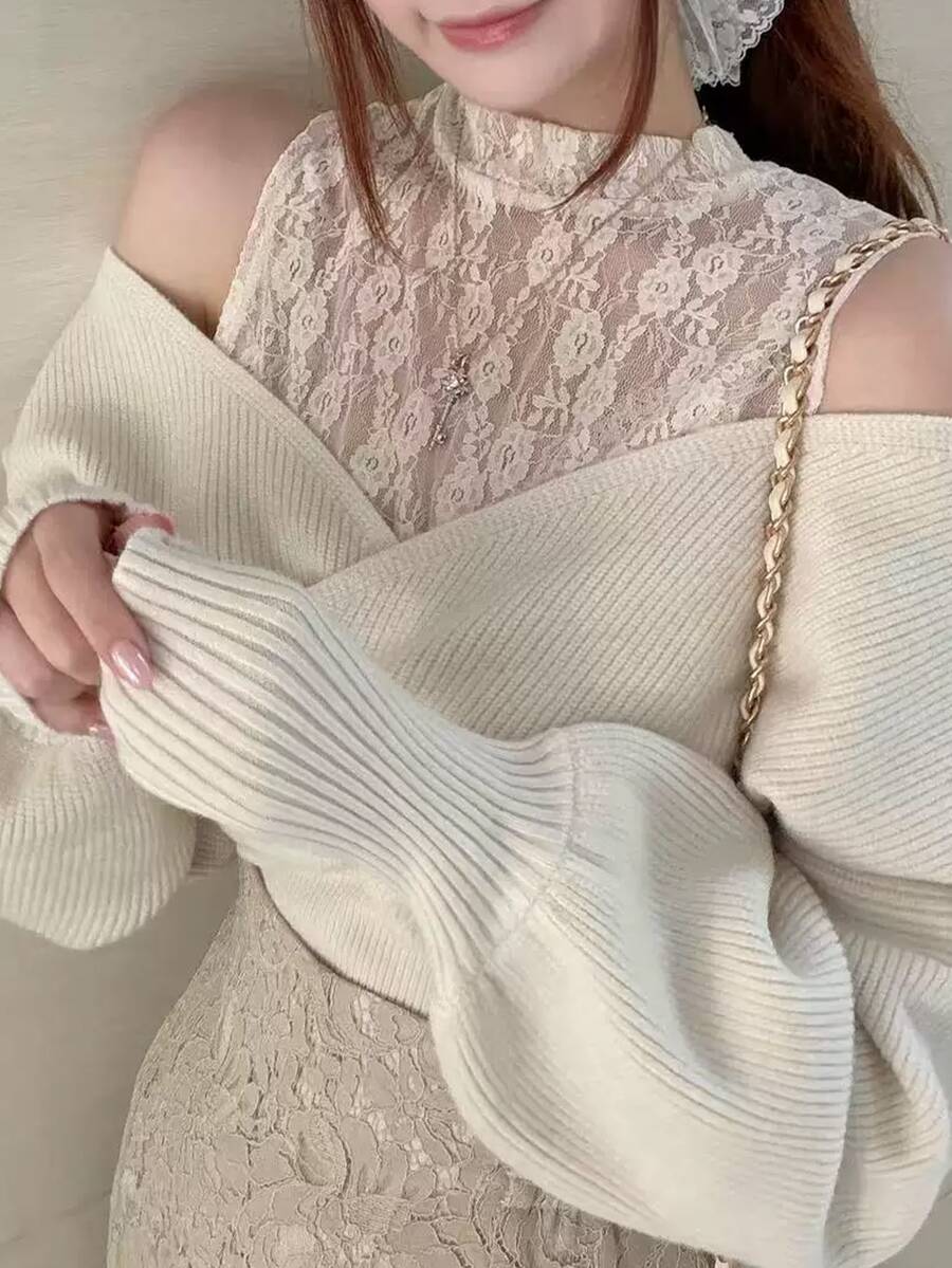 FRIFUL Women's Elegant Solid Color Lace Patchwork Off-Shoulder Sweater, Autumn/Winter - Apricot - View 1