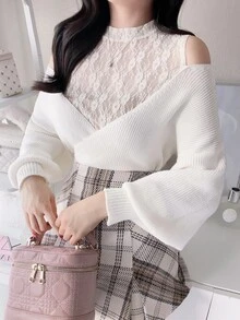 FRIFUL Women's Elegant Solid Color Lace Patchwork Off-Shoulder Sweater, Autumn/Winter - Apricot - View 2