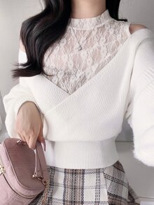 FRIFUL Women's Elegant Solid Color Lace Patchwork Off-Shoulder Sweater, Autumn/Winter - Apricot - View 7