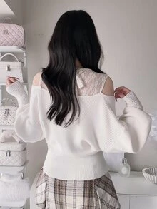 FRIFUL Women's Elegant Solid Color Lace Patchwork Off-Shoulder Sweater, Autumn/Winter - Apricot - View 5