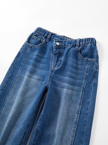 SHEIN 青少年女孩牛仔褲 休閒市區女孩風 復古時尚 個性化 前方破洞開衩 褪色酸洗 水藍色 3D蝴蝶結 寬腿修身藍色 - 中等水洗藍 - 查看 4