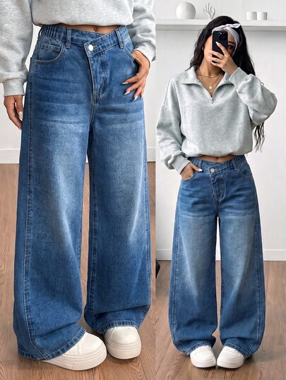 SHEIN Tween Girls Jeans New Casual Vintage Fashion Personalized Front Distressed Split Faded Acid Wash Black 3D Bow Wide Leg Snug Fit Versatile All-Season Blue Denim Pants Casual Bottoms