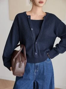 Dazy-Less Women's Button Front Long Sleeve Sweater, Vintage Versatile Business Casual Woman Fall - Navy Blue - View 5