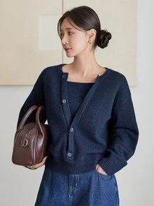 Dazy-Less Women's Button Front Long Sleeve Sweater, Vintage Versatile Business Casual Woman Fall - Navy Blue - View 3