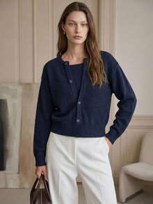 Dazy-Less Women's Button Front Long Sleeve Sweater, Vintage Versatile Business Casual Woman Fall - Navy Blue - View 8