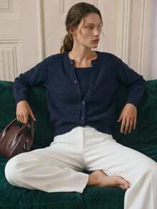 Dazy-Less Women's Button Front Long Sleeve Sweater, Vintage Versatile Business Casual Woman Fall - Navy Blue - View 7