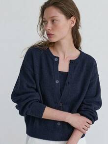 Dazy-Less Women's Button Front Long Sleeve Sweater, Vintage Versatile Business Casual Woman Fall - Navy Blue - View 9