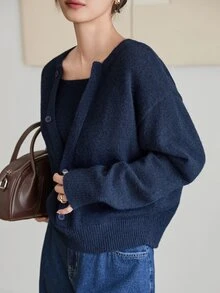 Dazy-Less Women's Button Front Long Sleeve Sweater, Vintage Versatile Business Casual Woman Fall - Navy Blue - View 4