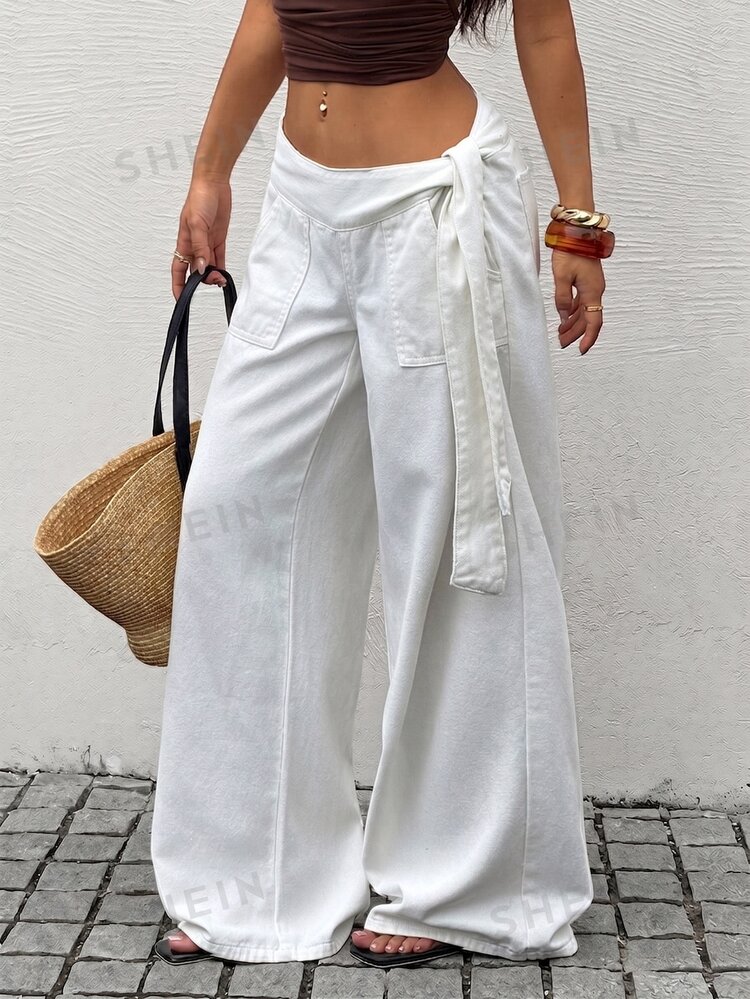 Rivivi Fashionable White Tie-Up Patch Pocket Washed Denim Wide Leg Pants - White - View 6