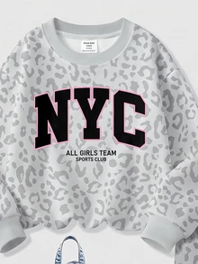 灰黑色調 時尚豹紋運動風拼色 NYC 字母圖案 少女休閒柔軟舒適寬鬆圓領套頭衛衣與寬腿褲運動套裝，適合秋冬日常、街頭、新風格、時尚女孩、校園時尚返校 - 彩色 - 查看 6