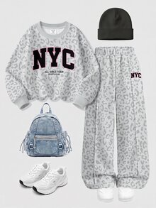 灰黑色調 時尚豹紋運動風拼色 NYC 字母圖案 少女休閒柔軟舒適寬鬆圓領套頭衛衣與寬腿褲運動套裝，適合秋冬日常、街頭、新風格、時尚女孩、校園時尚返校 - 彩色 - 查看 3
