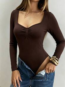 SHEIN Women's Fall Dark Brown Sweetheart Neck Ruched Long-Sleeve Bodysuit,Front Pleat Slim Fit High-Cut Base Layer,Chic Occasion Wear For Daily Commute Date - Brown - View 3