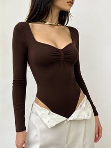 SHEIN Women's Fall Dark Brown Sweetheart Neck Ruched Long-Sleeve Bodysuit,Front Pleat Slim Fit High-Cut Base Layer,Chic Occasion Wear For Daily Commute Date - Brown - View 5