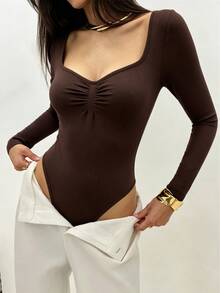 SHEIN Women's Fall Dark Brown Sweetheart Neck Ruched Long-Sleeve Bodysuit,Front Pleat Slim Fit High-Cut Base Layer,Chic Occasion Wear For Daily Commute Date - Brown - View 7