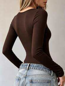 SHEIN Women's Fall Dark Brown Sweetheart Neck Ruched Long-Sleeve Bodysuit,Front Pleat Slim Fit High-Cut Base Layer,Chic Occasion Wear For Daily Commute Date - Brown - View 2
