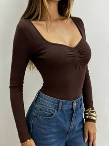 SHEIN Women's Fall Dark Brown Sweetheart Neck Ruched Long-Sleeve Bodysuit,Front Pleat Slim Fit High-Cut Base Layer,Chic Occasion Wear For Daily Commute Date - Brown - View 4