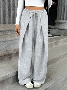 SHEIN Casual Knit Sweatpants With Elastic Waist And Drawstring, Loose Fit, Comfortable, Light Grey, Suitable For Summer, Dating Airport Homewear, Outdoor - Grey - View 3