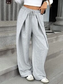 SHEIN Casual Knit Sweatpants With Elastic Waist And Drawstring, Loose Fit, Comfortable, Light Grey, Suitable For Summer, Dating Airport Homewear, Outdoor - Grey - View 6