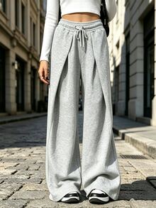 SHEIN Casual Knit Sweatpants With Elastic Waist And Drawstring, Loose Fit, Comfortable, Light Grey, Suitable For Summer, Dating Airport Homewear, Outdoor - Grey - View 8