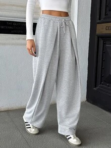 SHEIN Casual Knit Sweatpants With Elastic Waist And Drawstring, Loose Fit, Comfortable, Light Grey, Suitable For Summer, Dating Airport Homewear, Outdoor - Grey - View 4
