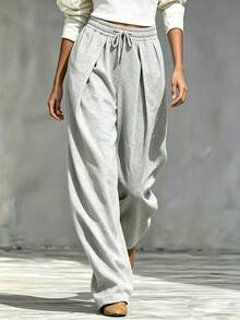 SHEIN Casual Knit Sweatpants With Elastic Waist And Drawstring, Loose Fit, Comfortable, Light Grey, Suitable For Summer, Dating Airport Homewear, Outdoor - Grey - View 1