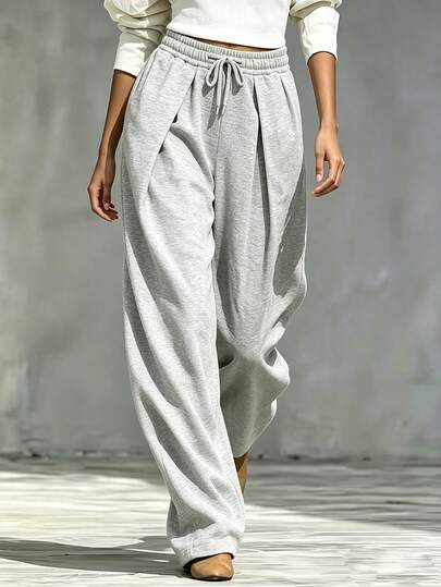 SHEIN Casual Knit Sweatpants With Elastic Waist And Drawstring, Loose Fit, Comfortable, Light Grey, Suitable For Summer, Dating Airport Homewear, Outdoor