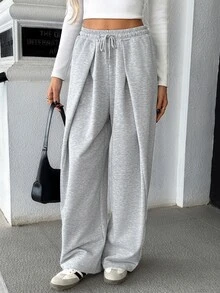 SHEIN Casual Knit Sweatpants With Elastic Waist And Drawstring, Loose Fit, Comfortable, Light Grey, Suitable For Summer, Dating Airport Homewear, Outdoor - Grey - View 5