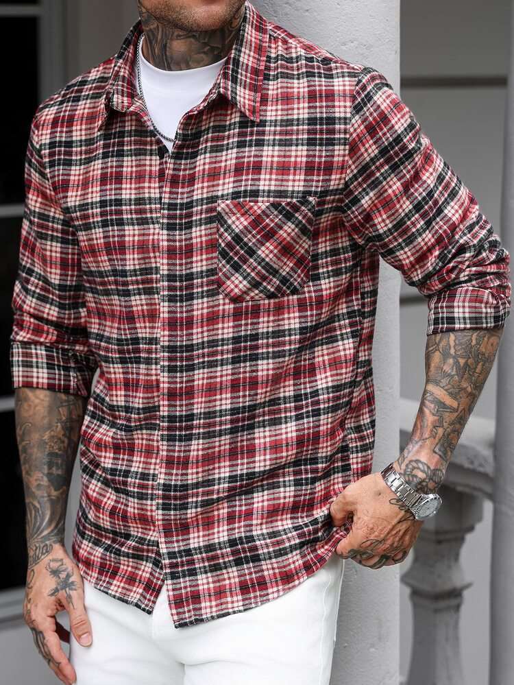 Manfinity CasualCool Men's Casual Plaid Double-Front Shirt, Versatile Long Sleeve Shirt For Daily Wear, Ideal Gift For Boyfriend Or Husband, Autumn And Christmas Style - Multicolor - View 1