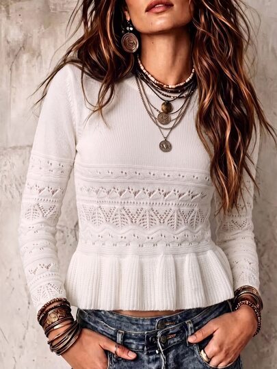SHEIN Women's Round Neck Hollow Out Flared Long Sleeve Pullover Sweater, Soft Textured Spring/Summer Top, Cream White Cropped Ruffle Hem Sweater, French Sweet Commute New Style Elegant Waist-Cinching, Slimming Wavy Hollow Lace Sweater