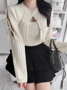 FRIFUL Women's Solid Color Camisole And Long Sleeve Cardigan Knit 2 Pieces Set Fall - Apricot - View 4