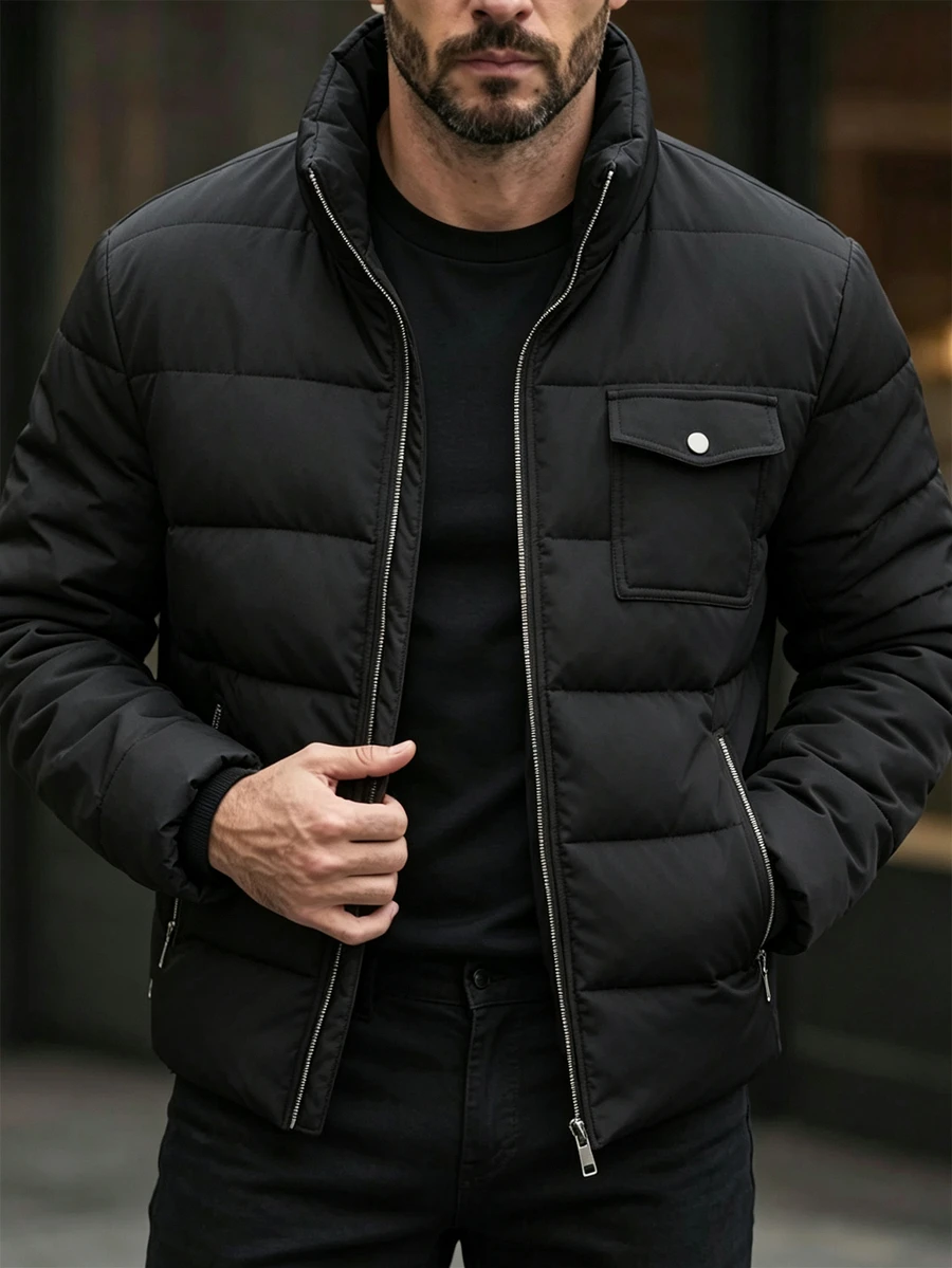 Manfinity CasualCool 男士黑色冬季街頭拉鍊加厚外套,休閒復古風棉襖羽絨外套 - 黑色 - 查看 1