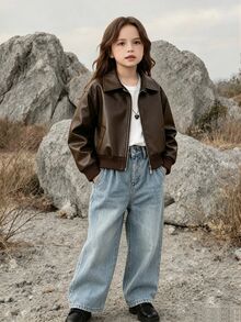 Elladie kids Girls Big Coffee Color Zipper Lapel Ribbed Cuff Streetwear Cool Versatile Motorcycle PU Leather Loose Jacket Back To School Fall Winter Outfit - Coffee Brown - View 8