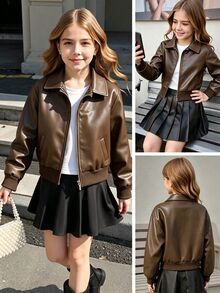 Elladie kids Girls Big Coffee Color Zipper Lapel Ribbed Cuff Streetwear Cool Versatile Motorcycle PU Leather Loose Jacket Back To School Fall Winter Outfit - Coffee Brown - View 2